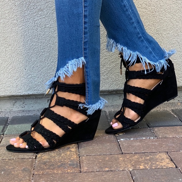 NIB Black Chic Caged Lace Up Wedge Sandal - Picture 3 of 7